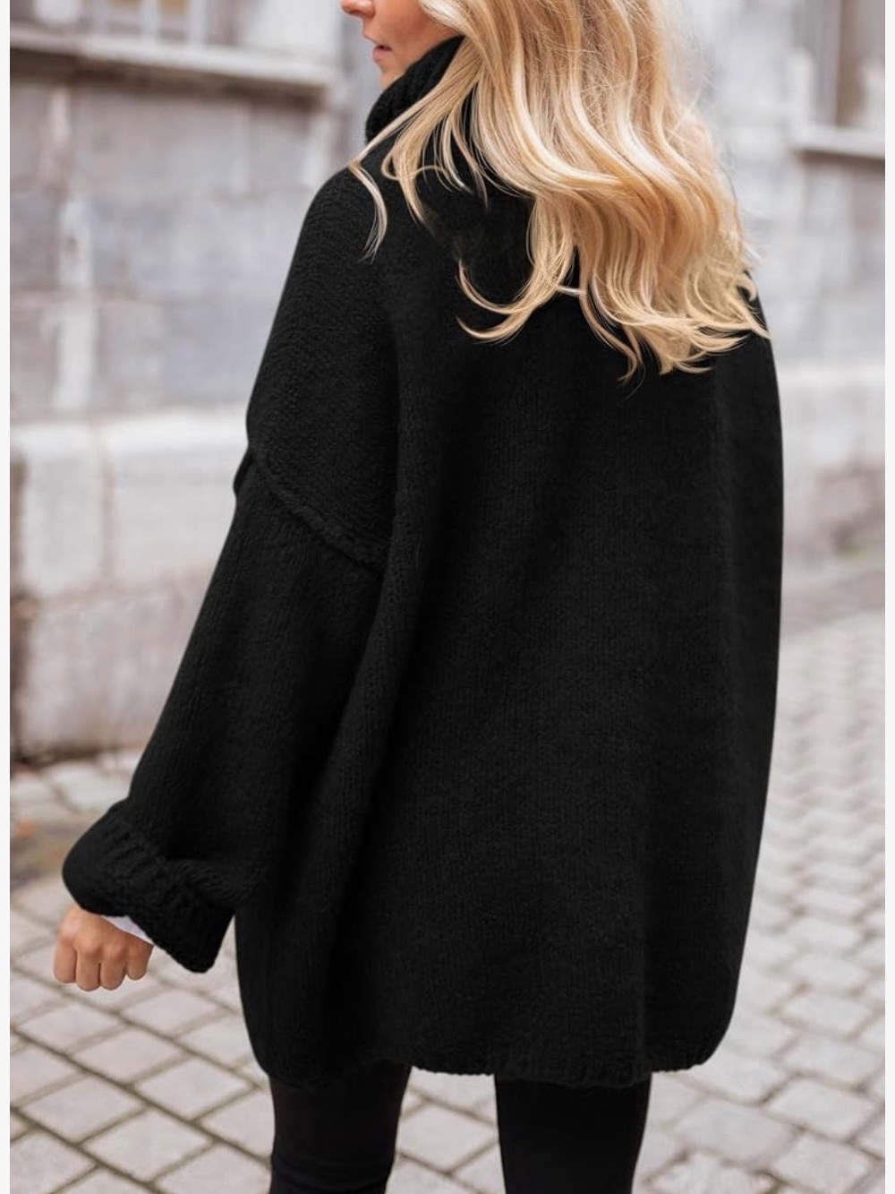 PrettyGarden Oversized Chunky Knit Turtleneck Sweater Black Drop Shoulder L - Picture 2 of 3